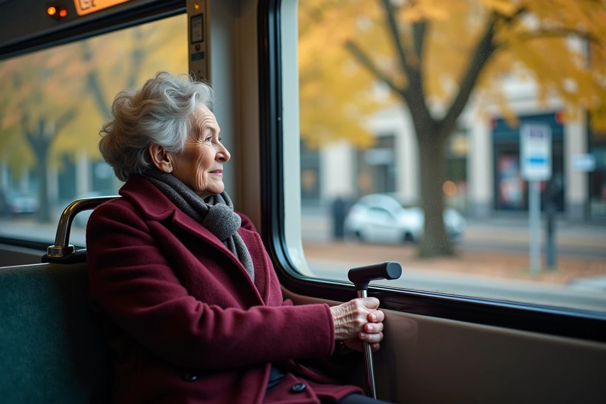 Personne âgée assise dans un tramway de Nantes près des places prioritaires, illustration de l'accessibilité PMR