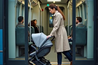 Femme avec une poussette montant dans un tramway à Nantes, illustrant l'accessibilité des lignes de tram