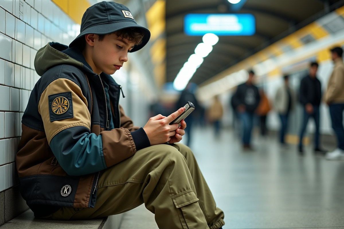 Adolescent en bomber patchwork dans une station de métro