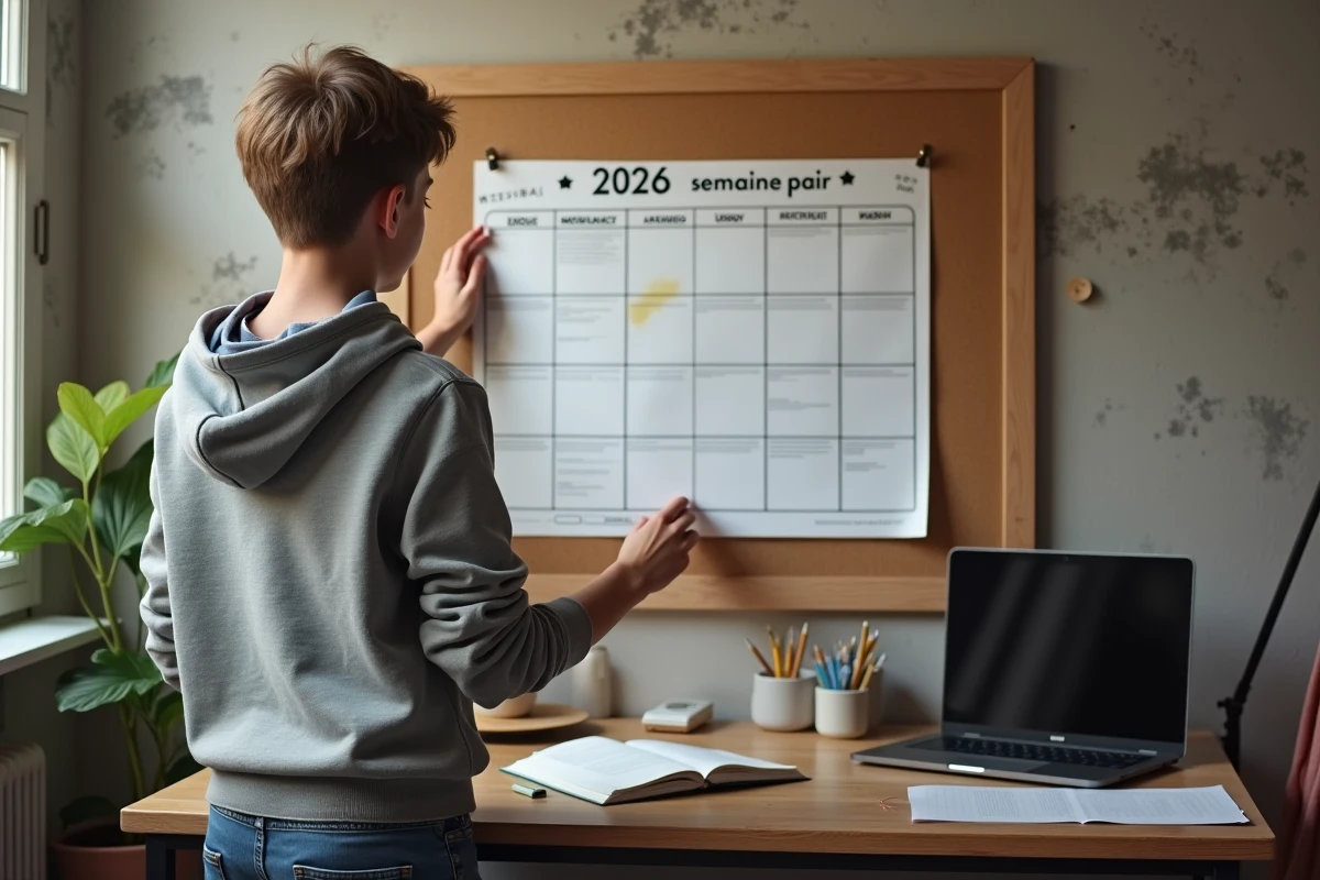 Adolescent accrochant calendrier sur le mur de son bureau