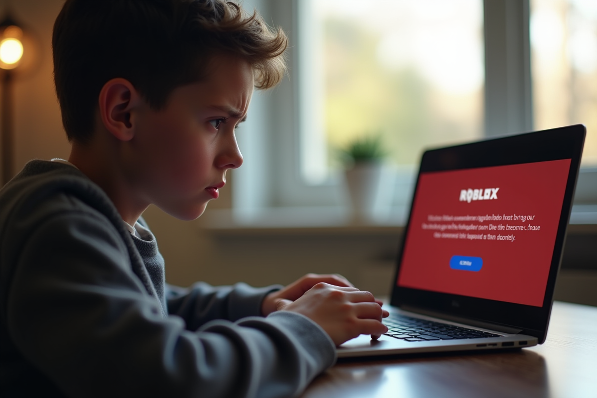 Adolescent frustré utilisant un ordinateur portable avec erreur Roblox