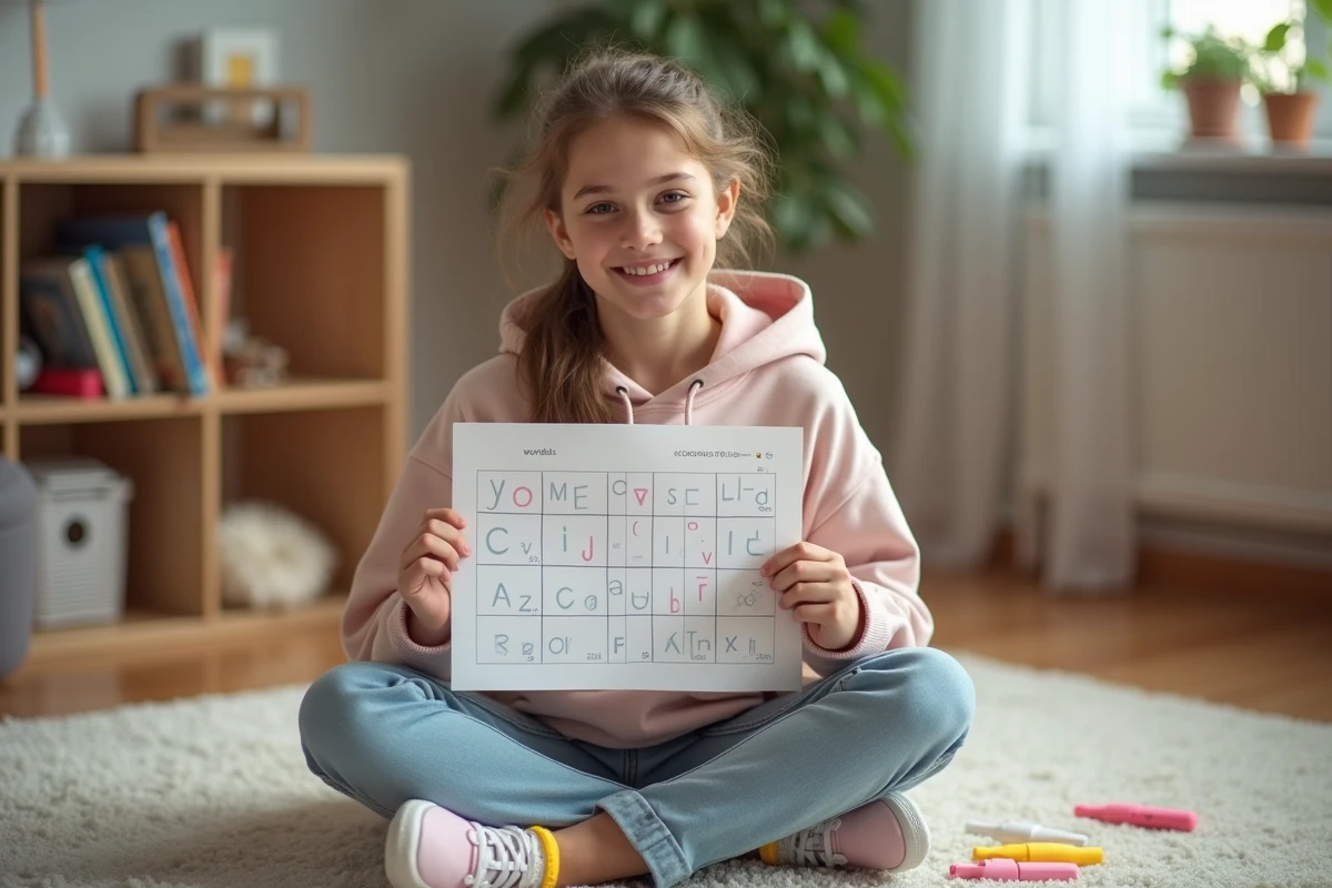 Adolescente surlignant les voyelles et consonnes d'une grille Wordle imprimée avec des marqueurs colorés sur le sol