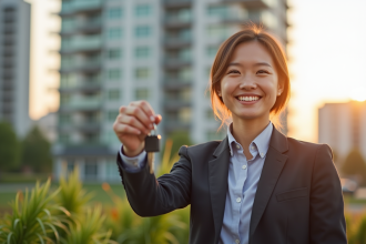 Agent immobilier souriant avec clés devant immeuble moderne
