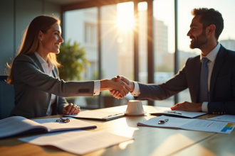 Agents immobiliers se serrant la main dans un bureau moderne