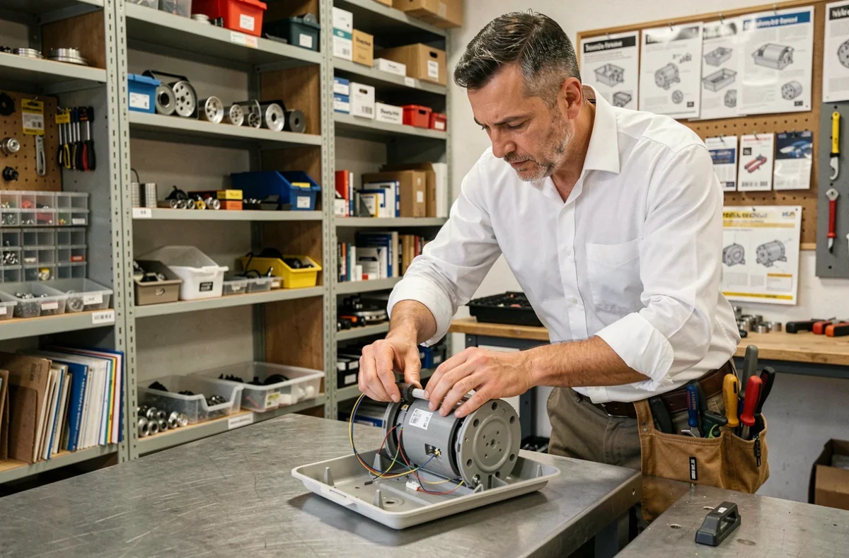 Technicien réparant un appareil électroménager sur un établi dans un atelier de dépannage à Aix-en-Provence pour Aix-Electroadom