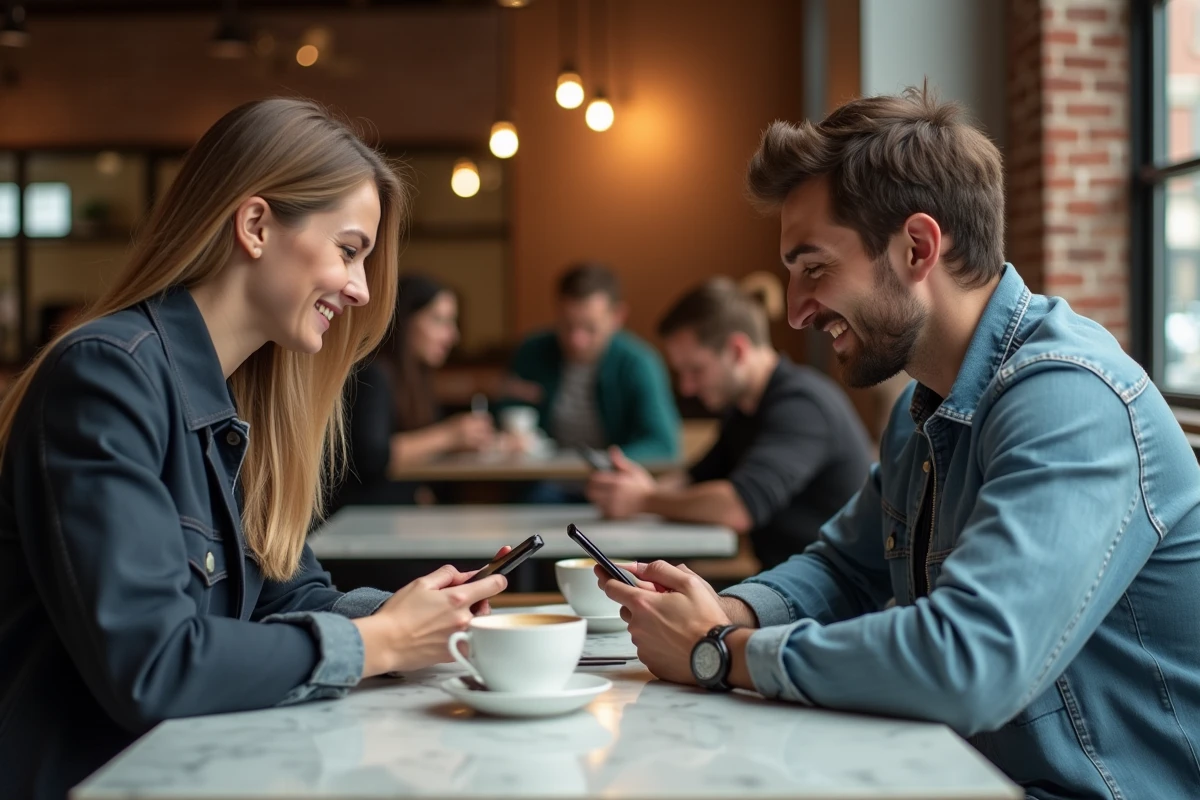 Deux amis dans un café partageant des liens et récompenses sur Monopoly GO