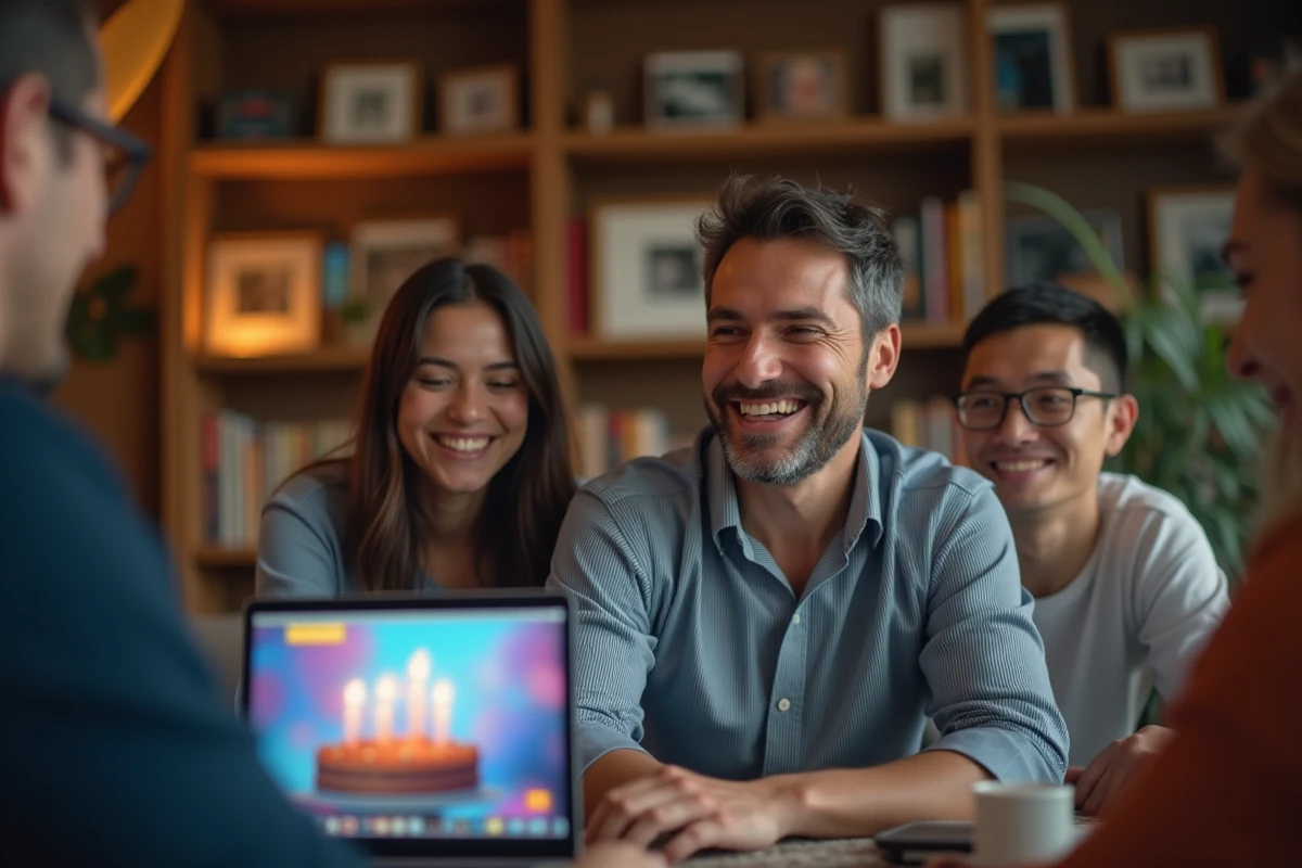 Groupe d amis regardant un GIF d anniversaire sur un ordinateur