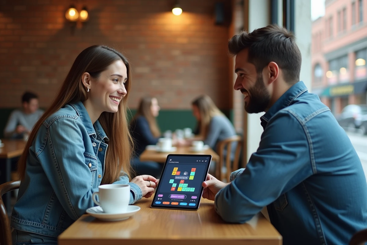 Deux amis jouant à un jeu sémantique sur tablette dans un café, illustrant comment l'intelligence artificielle devine et suggère des mots