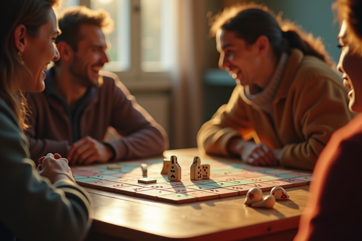 Groupe d amis riant autour d un jeu de rummikub dans une ambiance chaleureuse