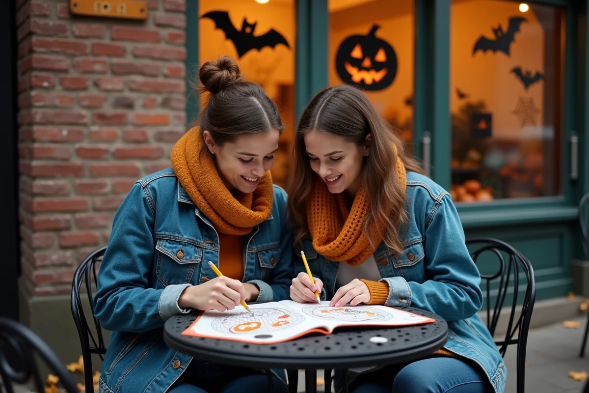 Deux amis adultes collaborant sur un carnet de pixel art Halloween autour d'une table de café en automne