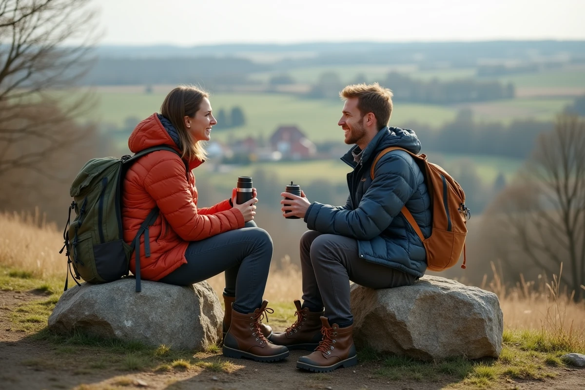 Deux amis discutant sur un banc en pleine nature