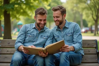 Deux hommes souriants regardent un album photo dans un parc