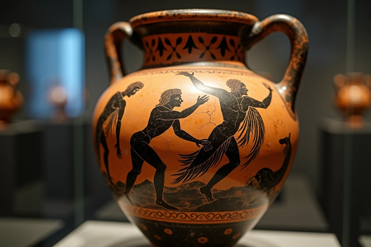 Amphore grecque ancienne à figures noires représentant Poséidon et des tritons dans une scène de tempête maritime exposée dans un musée