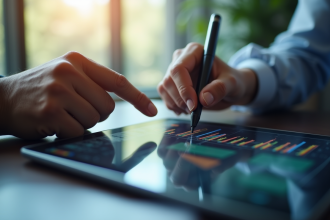 Analyste financier ajustant un graphique sur une tablette
