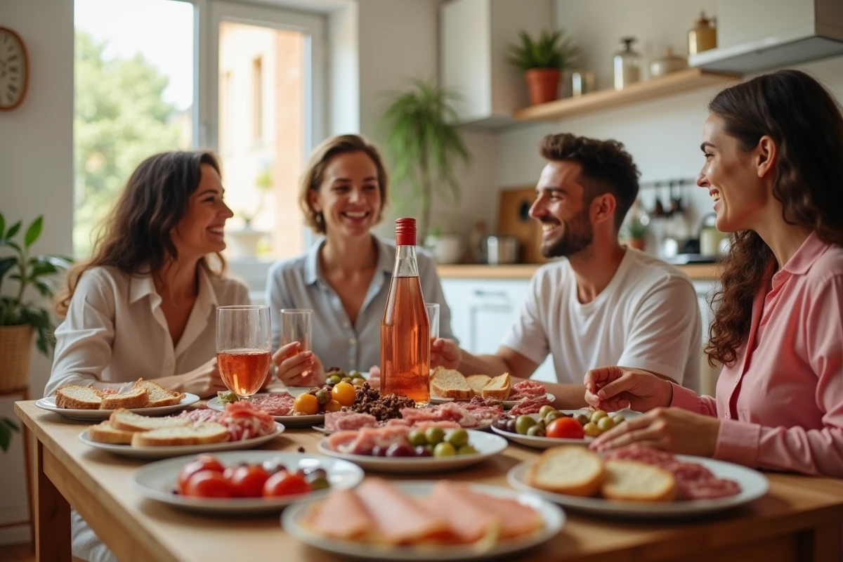 Amis profitant d'un apéro improvisé le dimanche avec des produits achetés au supermarché ouvert à Montpellier