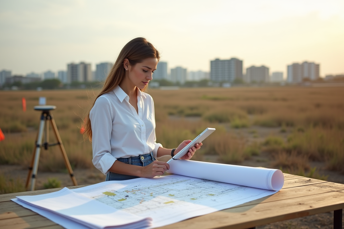 Architecte femme étudie plans et cartes sur une table en plein air