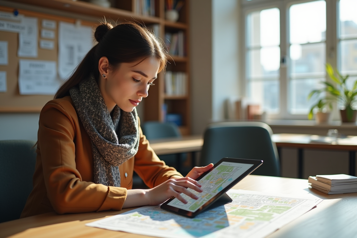 Jeune architecte étudie plan numérique dans son bureau