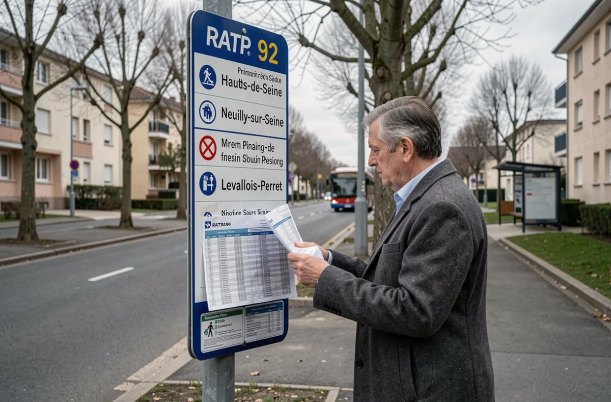 Arrêt de bus ligne 92 en banlieue Hauts-de-Seine avec panneau RATP et horaires