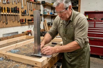 Artisan bricoleur positionnant une cornière en L acier sur un établi dans un atelier de menuiserie