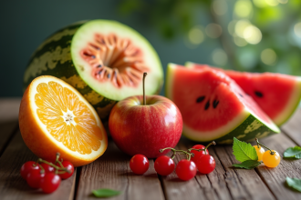 Assortiment de fruits frais commençant par W sur une table en bois