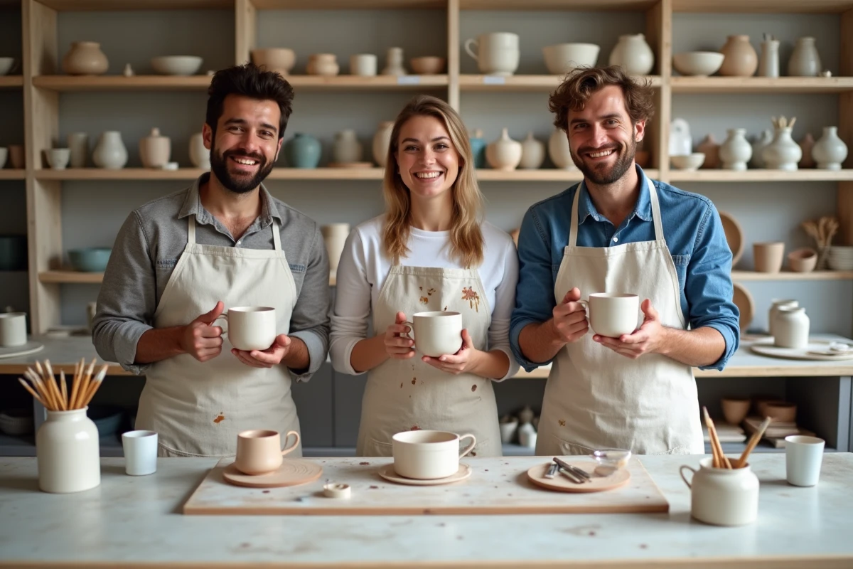 Amis adultes souriant lors d'un atelier céramique et peinture sur poterie à Lyon, moment de créativité partagée