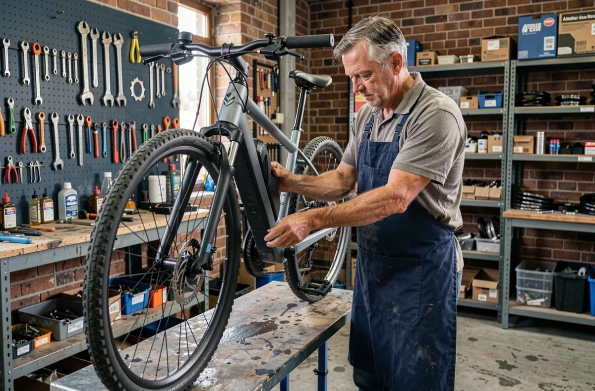 Mécanicien de l'Atelier du Cycle Rouennais réparant un vélo électrique sur un stand professionnel dans un atelier authentique