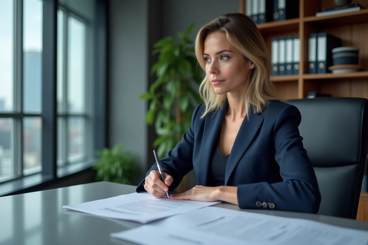 Avocate en costume annotant un document dans un bureau moderne