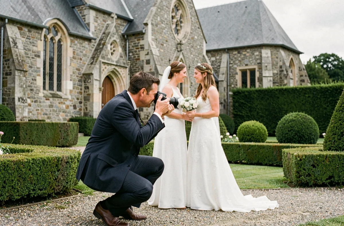 Photographe de mariage Balde A. capturant des mariés devant une chapelle bretonne à Rennes