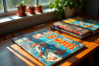 Collection de bandes dessinées classiques sur un bureau moderne avec lumière naturelle