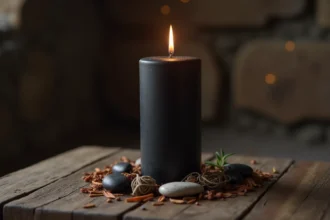 Bougie noire allumée sur une table en bois entourée d'herbes séchées et de pierres, atmosphère rituelle et introspective
