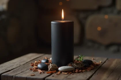 Bougie noire allumée sur une table en bois entourée d'herbes séchées et de pierres, atmosphère rituelle et introspective