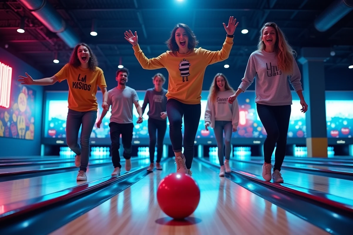 Groupe d'amis jouant au bowling dans une salle de loisirs moderne à Lyon, ambiance festive et décontractée en soirée