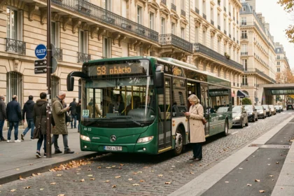 Bus 92 RATP à un arrêt parisien près d'immeubles haussmanniens avec passagers qui descendent