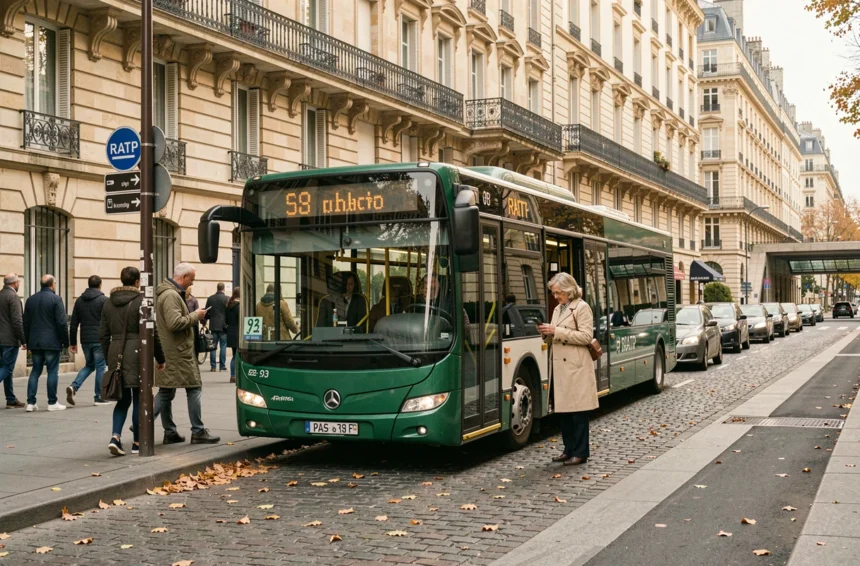 Bus 92 RATP à un arrêt parisien près d'immeubles haussmanniens avec passagers qui descendent