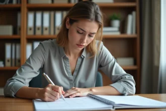 Femme concentrée qui examine un calendrier imprimé sur son bureau pour calculer une durée entre deux dates