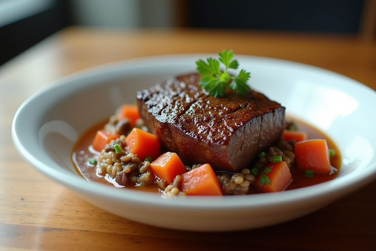 Carbonade de boeuf servie dans une assiette blanche avec viande sèche
