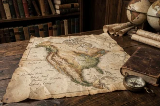 Carte ancienne de l'Amérique du Nord posée sur un bureau en chêne avec journal et boussole, évoquant l'expansion territoriale américaine et la destinée manifeste