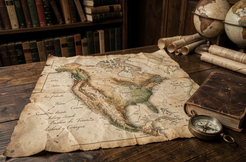 Carte ancienne de l'Amérique du Nord posée sur un bureau en chêne avec journal et boussole, évoquant l'expansion territoriale américaine et la destinée manifeste