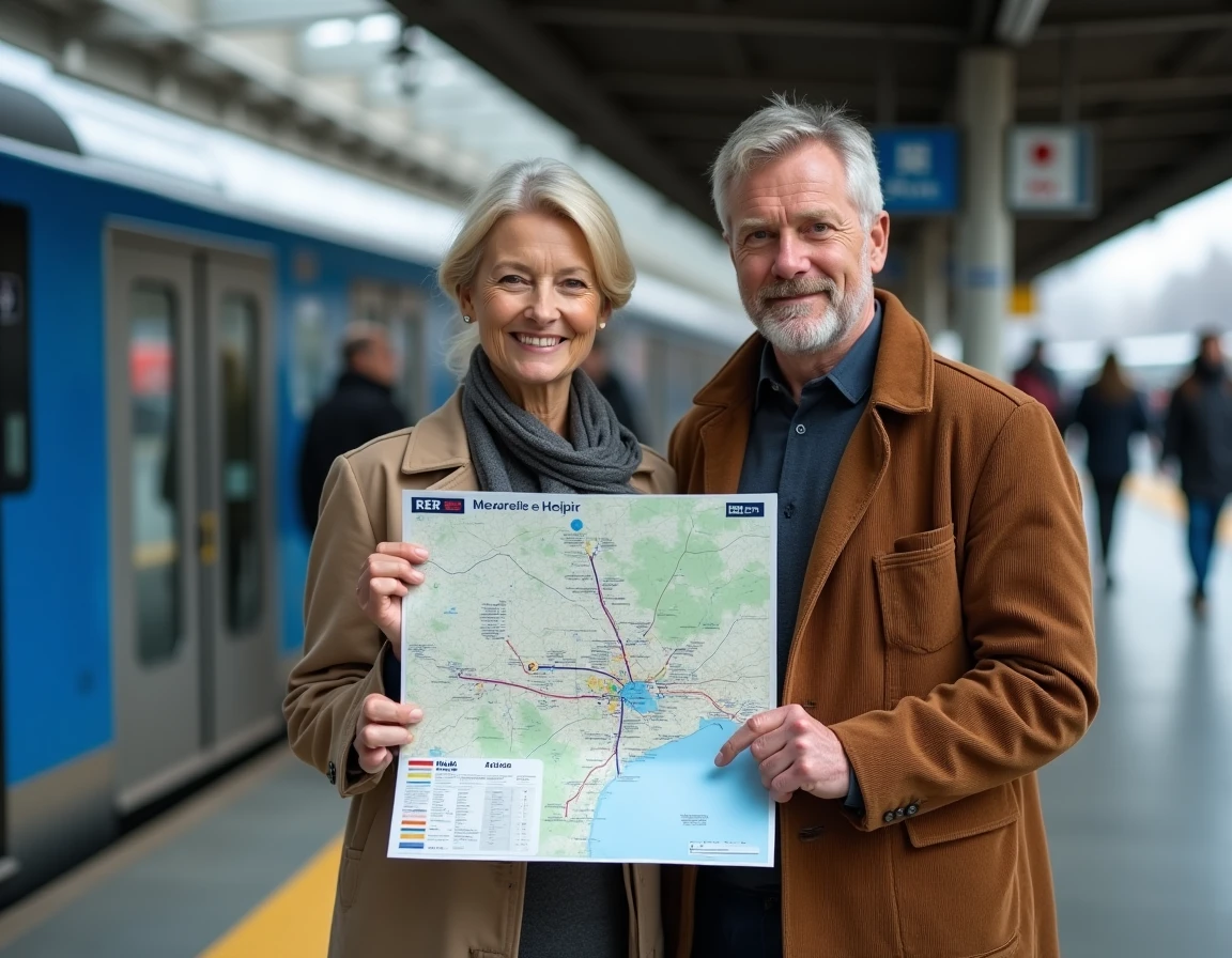 Deux personnes consultant une grande carte RER laminée sur un quai de gare en banlieue parisienne