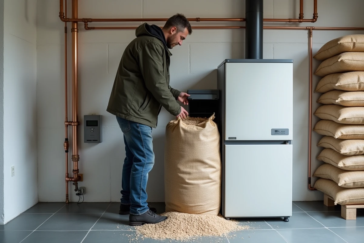 Homme chargeant des granulés de bois dans une chaudière à pellets installée dans une buanderie de maison normande