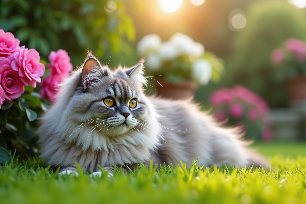 Chat persan chinchilla dans un jardin fleuri en plein soleil