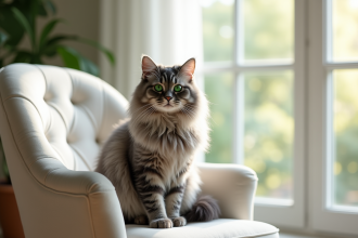 Chat persan chinchilla assis sur un fauteuil en velours blanc