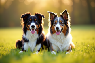 Chien croisé Border Collie et Australian Shepherd en plein soleil dans un champ vert