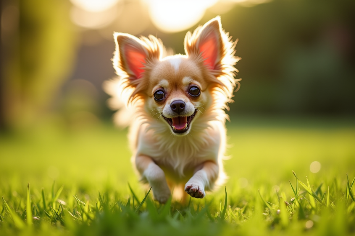Chihuahua joueur courant dans un jardin vert ensoleille