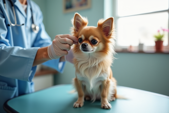 Chihuahua à poil long lors d'une visite chez le vétérinaire