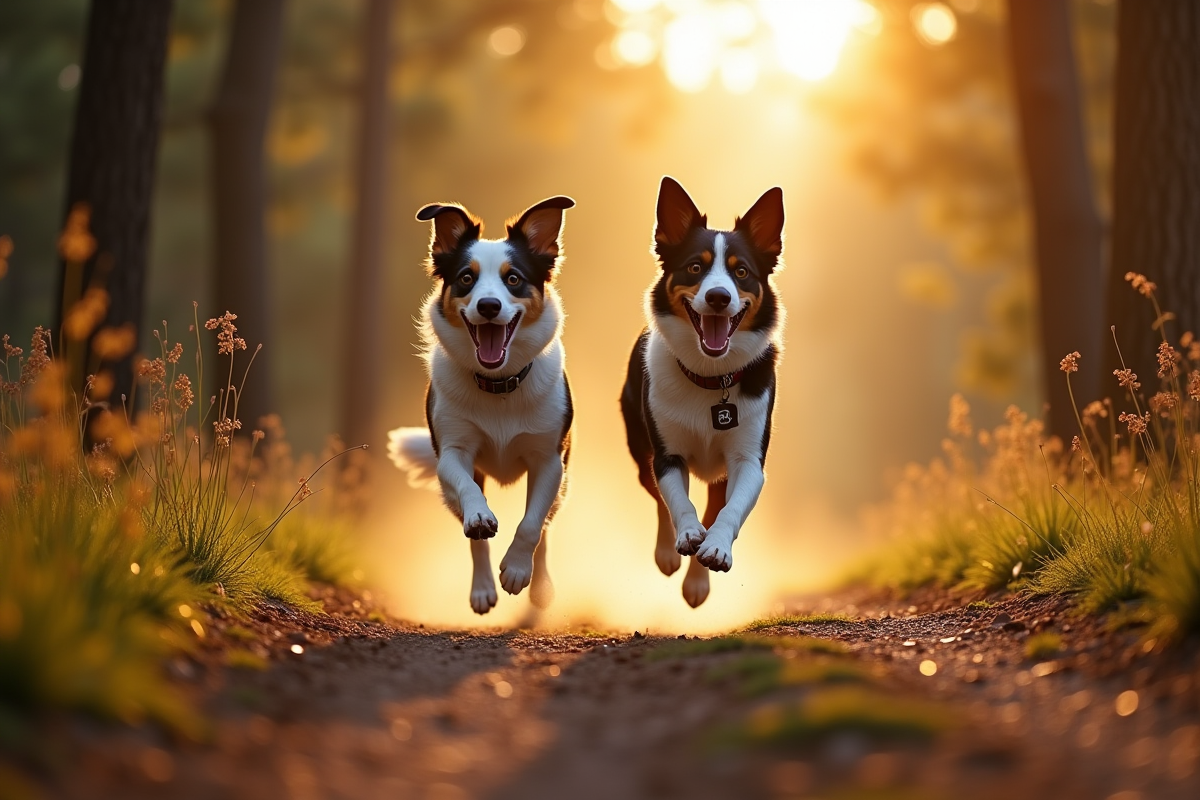 Chien croisé Border Collie et Australian Shepherd courant sur un sentier forestier au coucher du soleil