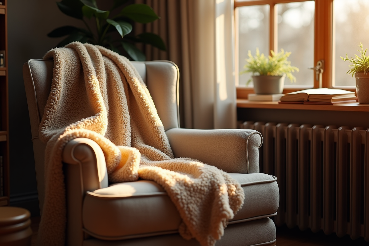 Coin lecture cosy avec plaid en laine chenille sur fauteuil