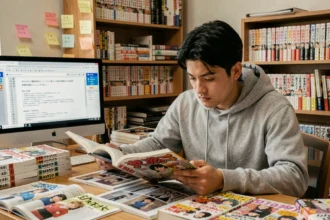 Jeune homme comparant des scans manga japonais et français sur son bureau encombré de volumes One Piece