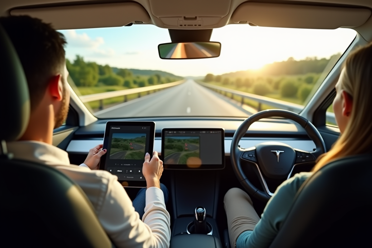 Personne relaxe dans une voiture autonome lisant une tablette