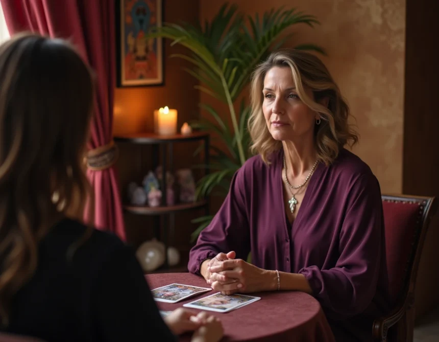 Voyante professionnelle en consultation privée avec une cliente, tenant des cartes de tarot dans un salon ésotérique décoré